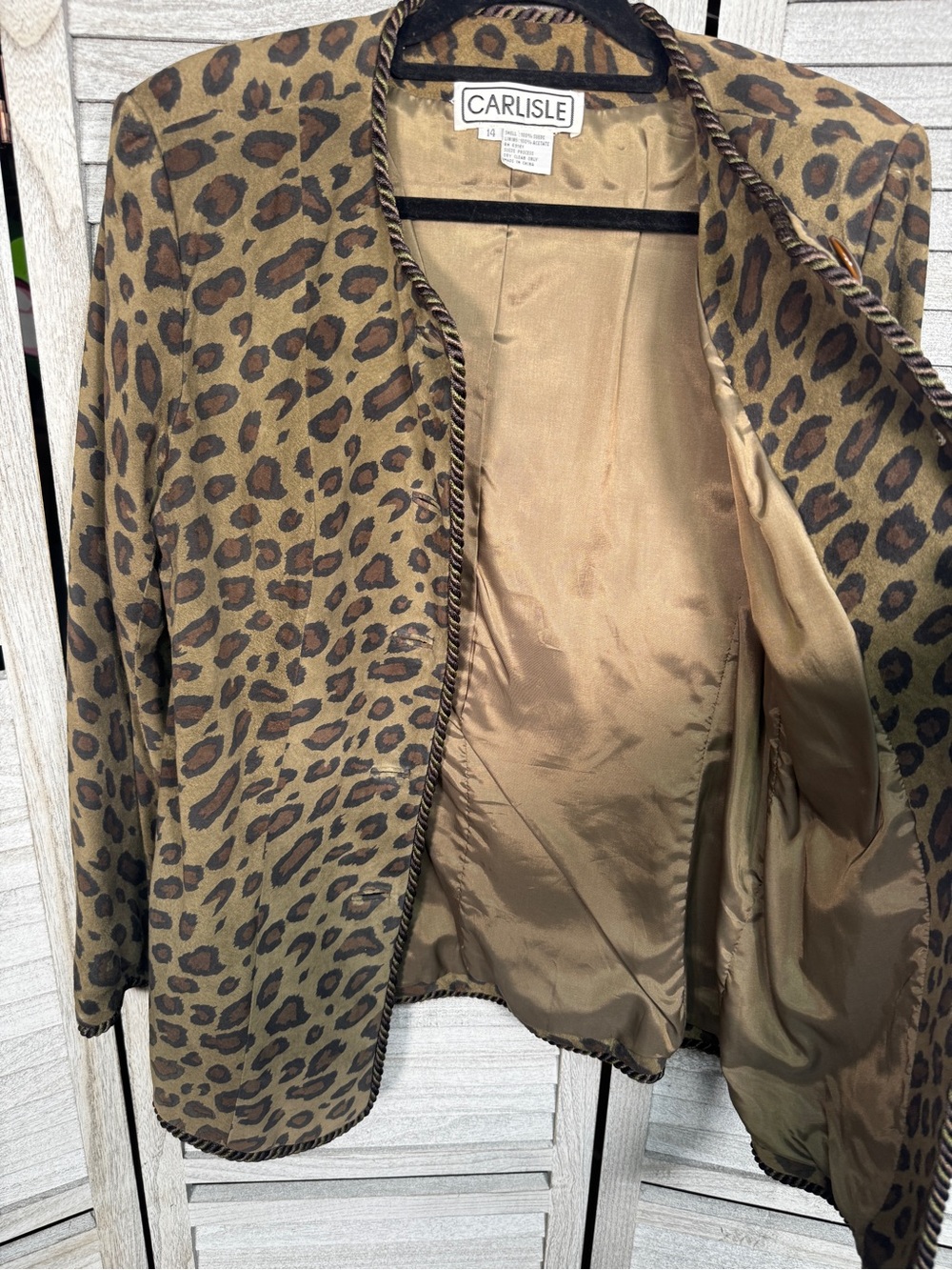 Carlisle 100% Suede Leopard Jacket Rope Trim Sz 14 MobWife Vintage Glam - Picture 8 of 11